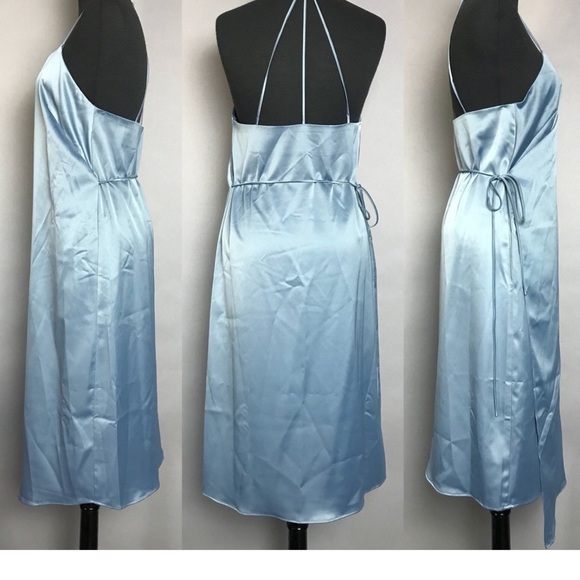 Fourteenth Place Satin Feel Blue Slip Wrap Dress - Picture 2 of 11